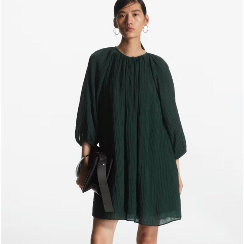 COS Puff-sleeve Seersucker Dress In Green size 10